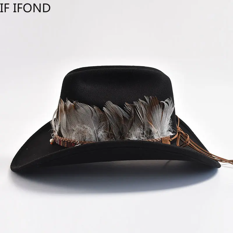 New Vintage Feather Decoration Western Cowboy Hats for Men Women Fashion Wide Brim Church Jazz Hat Sombrero Hombre Caps