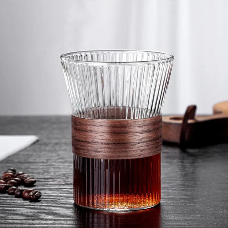 Style Ribbed Whiskey Glass Cup, Vertical Stripes, Heat Resistant, Brewing Drip Coffee Mug, Wood Sleeve, 300ml, 10oz, 1 Pc