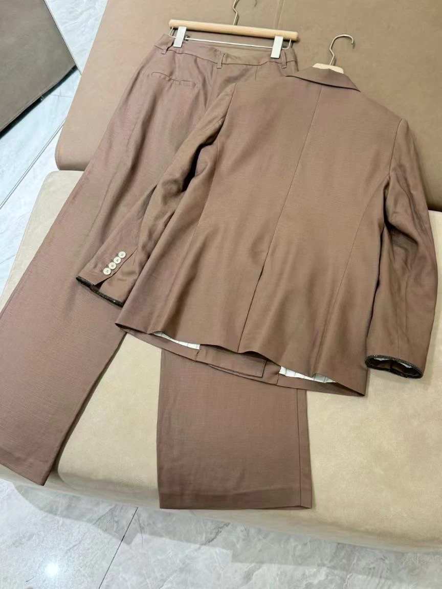 

Women's New Double-breasted Linen Blazer with Wide Leg Casual Pants suit