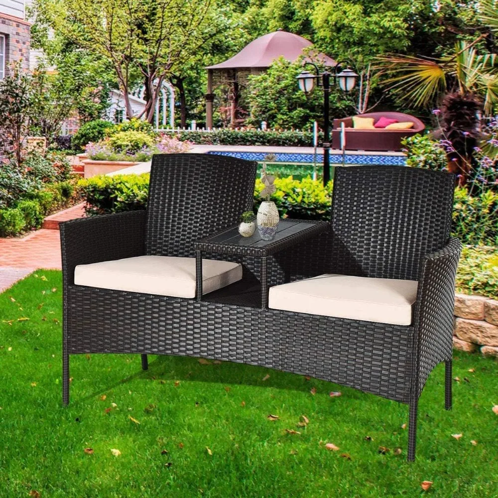 

Outdoor Rattan Sofas, Contract Patio Conversation Set Wicker Sofa Set with Built-in Coffee Table, Patio Furniture Set