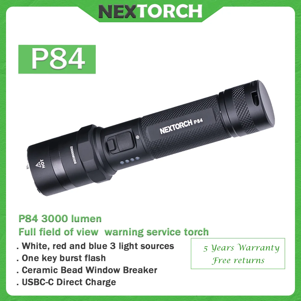 Nextorch-linterna de policía P84 de 3000 lúmenes, antorcha de servicio de advertencia de campo de visión completo, uso policial de servicio, usbc, luz de advertencia