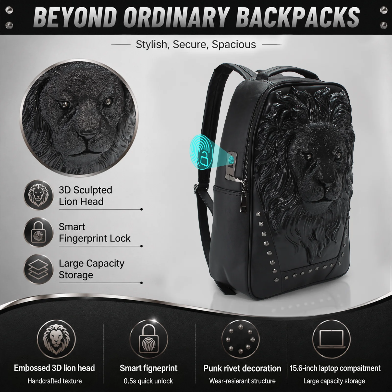 FIPILOCK Backpack School Bag Travel Bag Lion Laptop Business Head with Smart Fingerprint Unlock Anti-Theft and Anti-Burglary hip