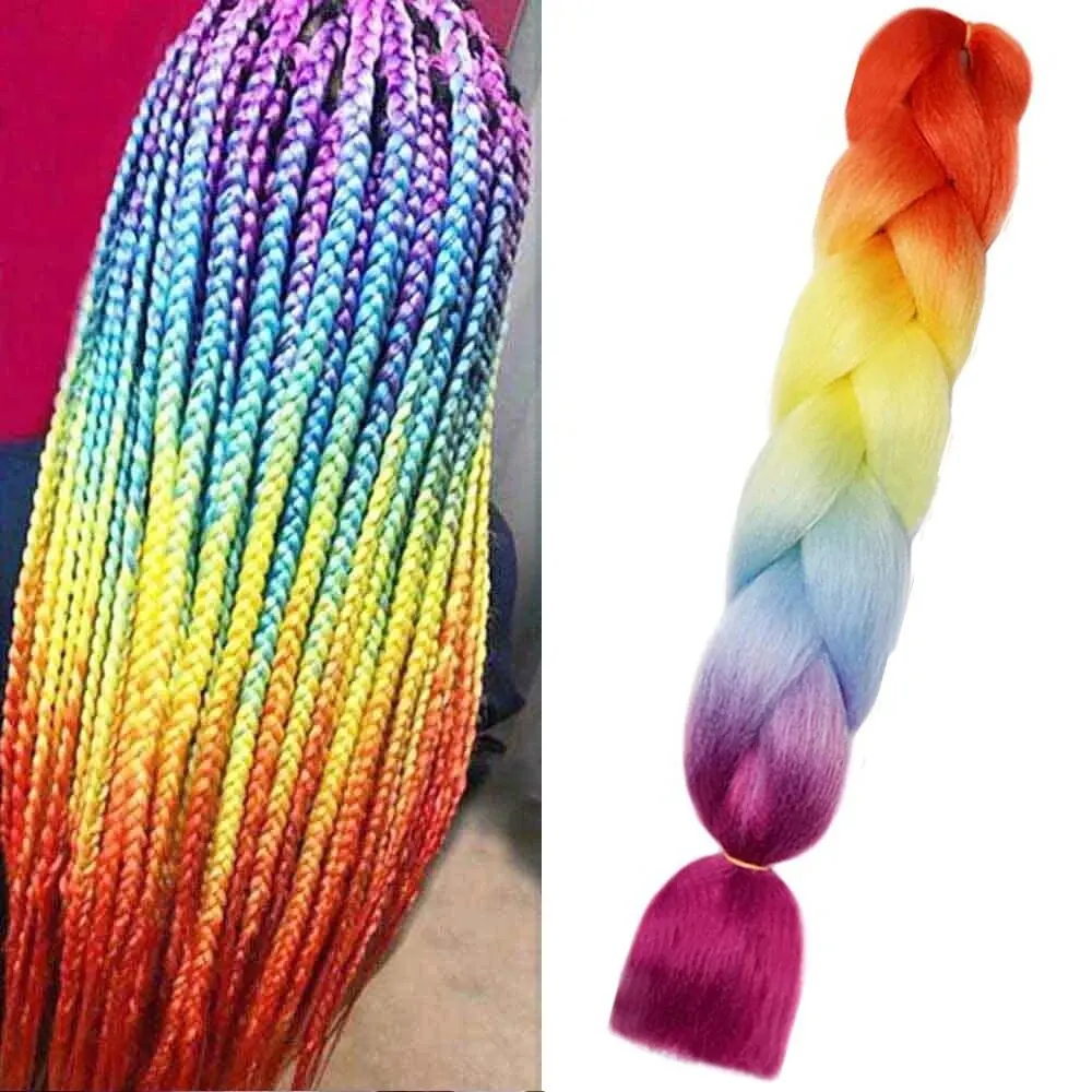 24 Inch Ombre Jumbo Braiding Hair for Crochet Twist Box Braids Rainbow Colorful High Temperature Synthetic Hair Extensions