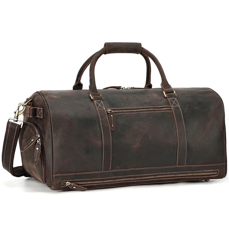 Saco de viagem de couro de cavalo louco vintage separação molhada e seca para sapatos ginásio bolsa de couro tote bolsa de viagem duffel para homens grande