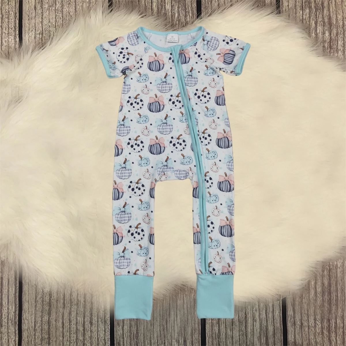 

Baby Toddler Thanksgiving Fall Jumpsuit Girl Children Bows Pumpkins Romper Newborn Coverall Kid Blue Zipper Bodysuit Wholesale