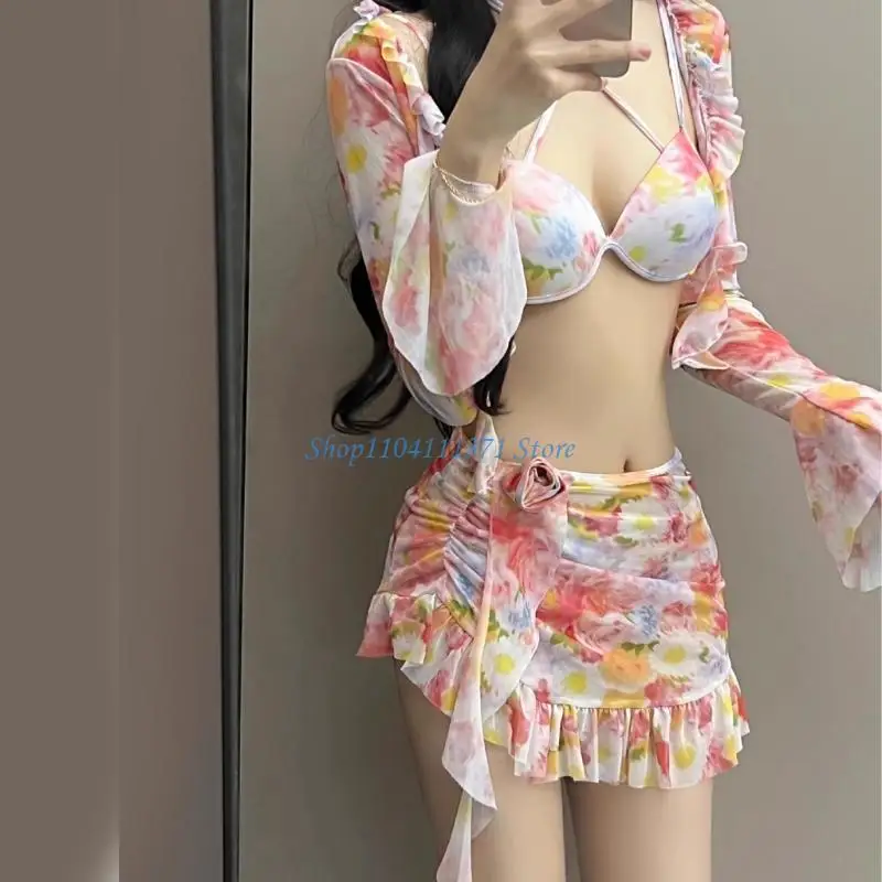 P9FC 4PCS Women Swimsuit Halter Triangle Bikinis Set with Crop Top, Beach Wrap Skirt