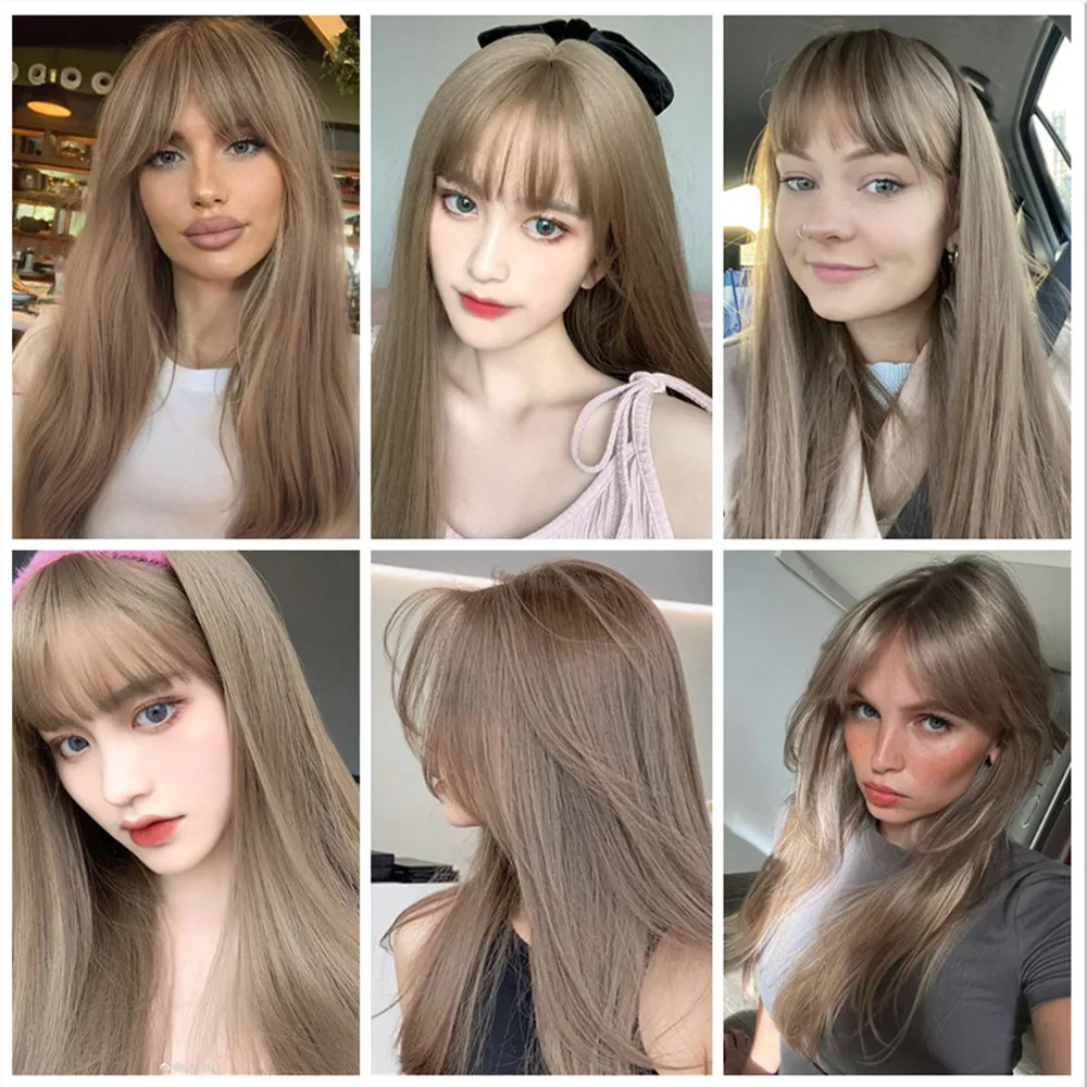 HENRY MARGU Light Brown Synthetic Hair Wig Long Straight Wigs with Bang Natural Looking Wig for White Women Daily Heat Resistant