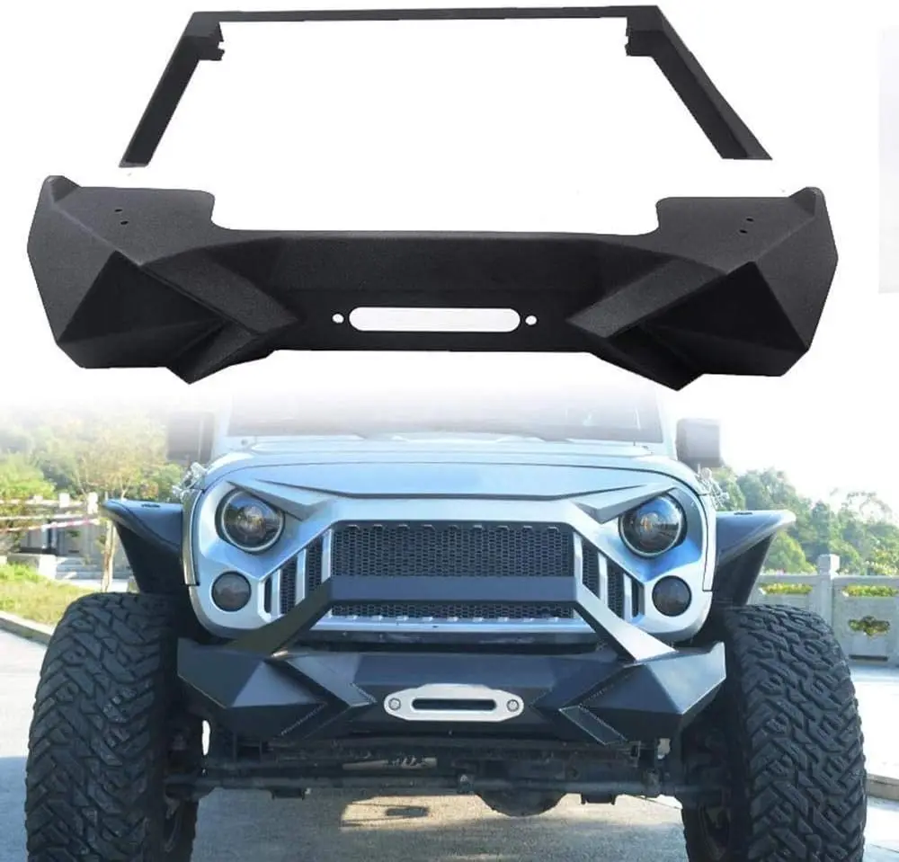 Heavy-Duty Front Bumper with Winch Plate for Wrangler JK (2007-2018)JL - Robust Black Textured Manganese Steel Construction, Ide