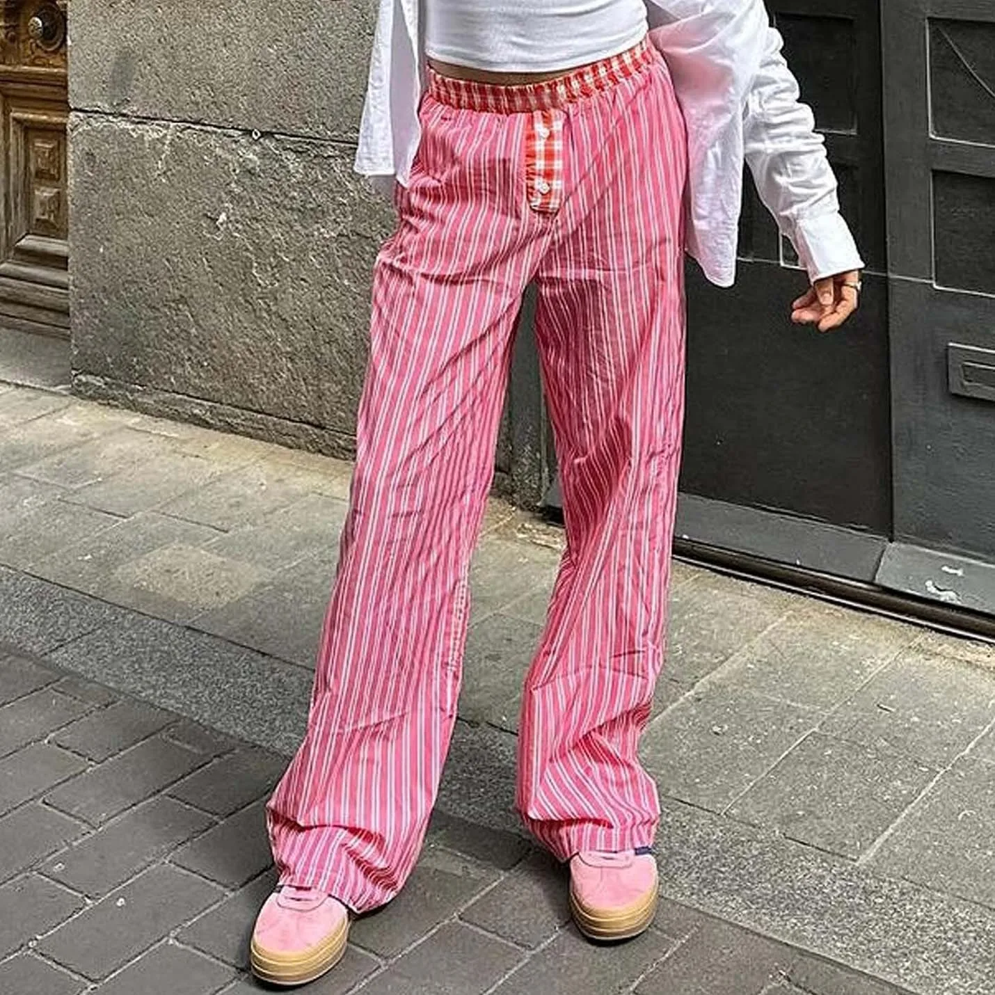 

Women's Y2k Striped Trousers Casual Mid Waist Button Stretch Wide Leg Long Pants With Pockets High Street Summer Female Pants