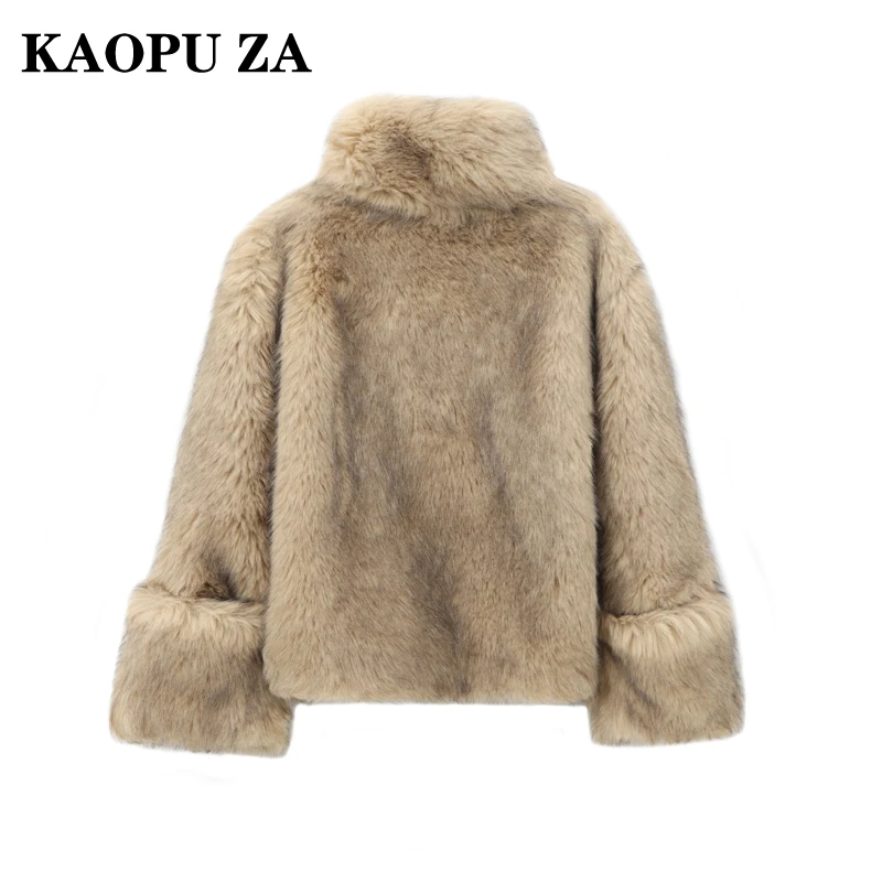 KAOPU ZA 2024 Autumn New Female Streetwear Long Sleeve Faux Fur Outerwear Jumper Trendy Woman's Turtleneck Collar Top Pullover