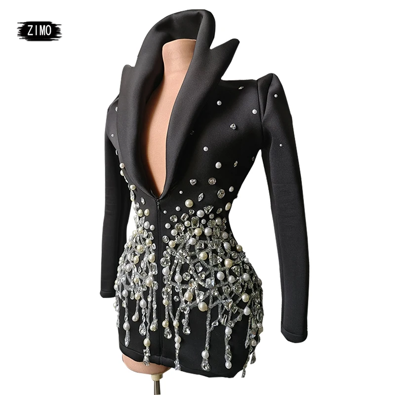 new fashion crystal rhinestone dress deep v neck sparkle black club party birthday performance drag queen costume stage festival