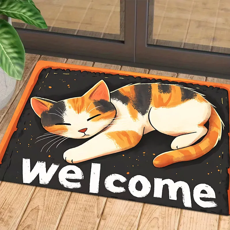 2D Lazy Warm Tricolor Cat Sleeping Theme Outdoor Door Mat, Flannel Material, Thick Plush with Sponge 0.4 Inches/550G Per Square Meter - Depicting Orange White