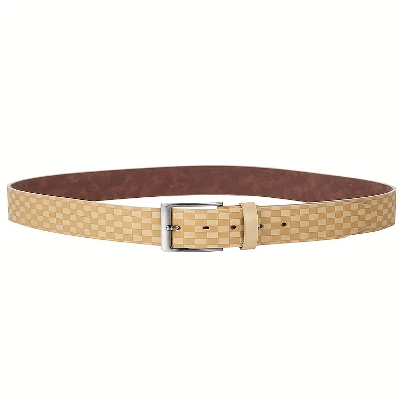 Eleganter Beige Karierter Gürtel für Herren Minimalistische Silberne Dornschließe Formeller Business-Anzug Taillengürtel – Detail 1