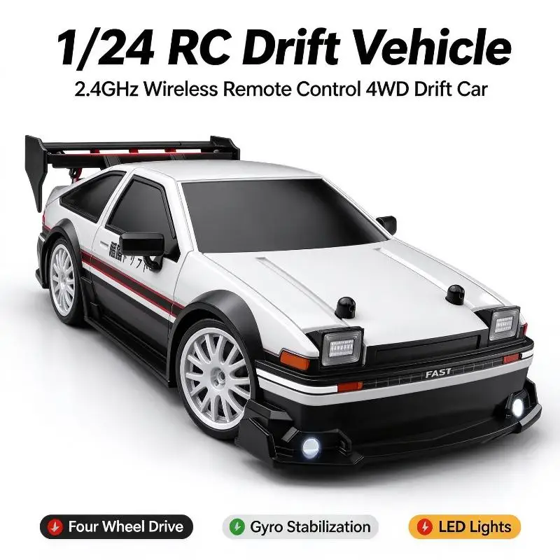 1/24 4WD RC Drift Car 2.4GHz Wireless Remote Gyro Stabilization LED Lights PVC Shell For Indoor Track Hobby Play