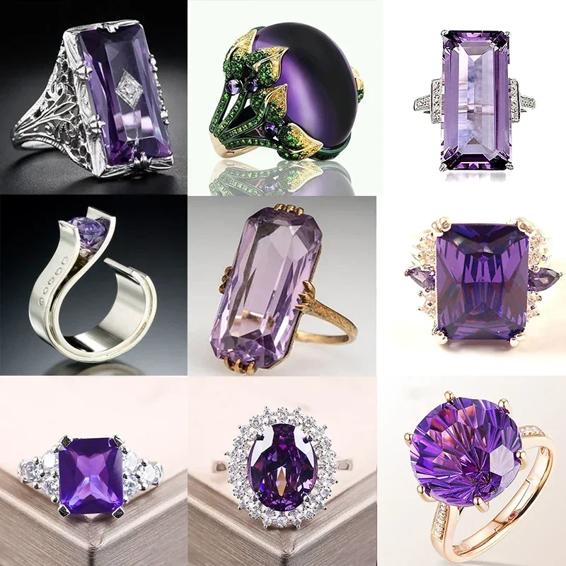 Large Purple Square Stone Ring Sliver  Hollow Out Geometric Zircon Rings For Women Engagement Jewelry Femme Anel L5N507