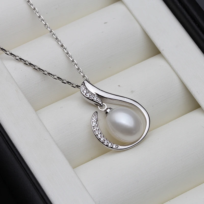 Trendy White Freshwater Natural Pearl Necklace For Women,925 Sterling Silver Moon Pendant Fine Jewelry Girl Birthday Gift