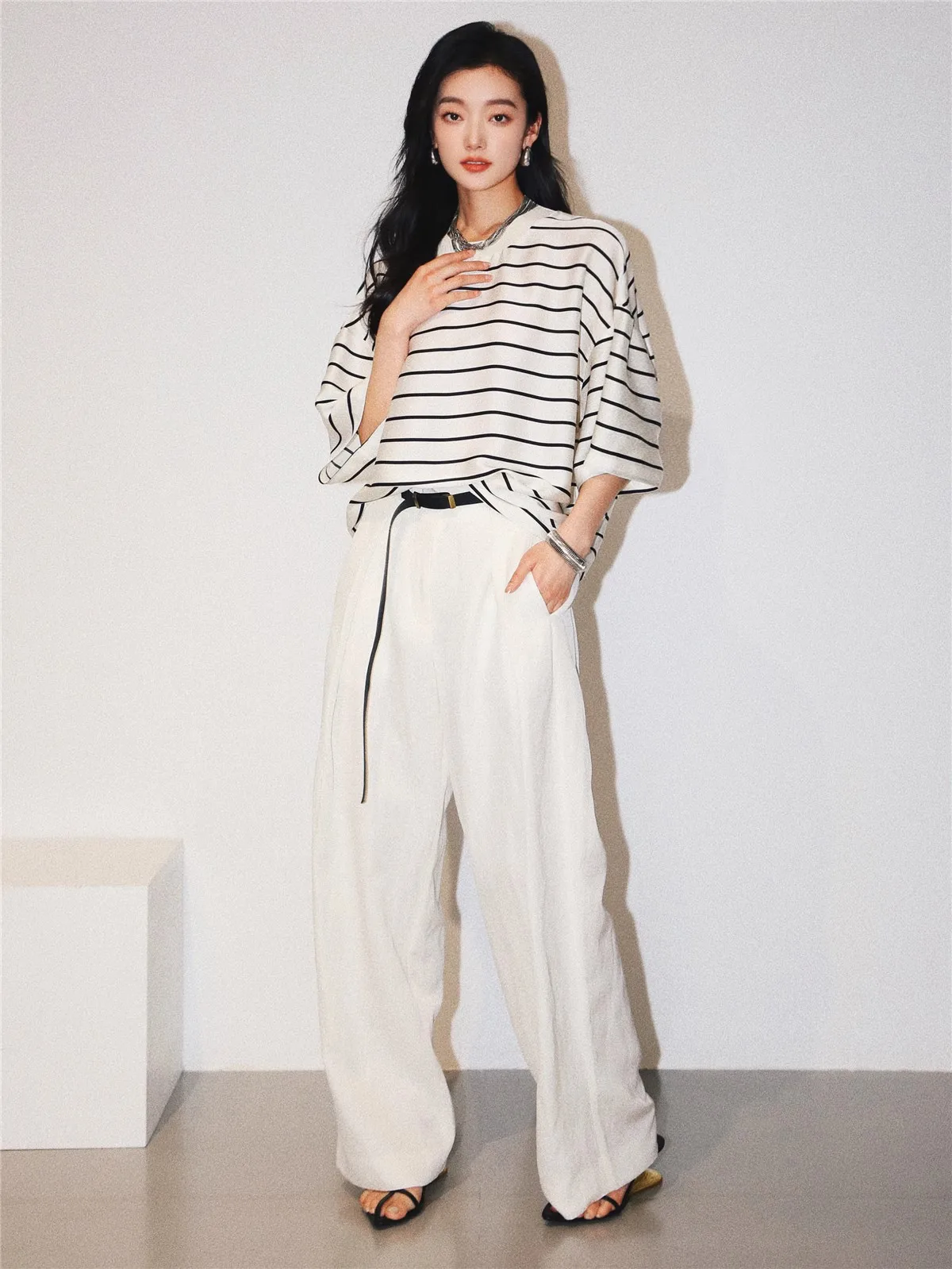 Camiseta holgada de seda ort Sve para mujer, Top redondo acanalado con estampado de rayas, novedad de otoño