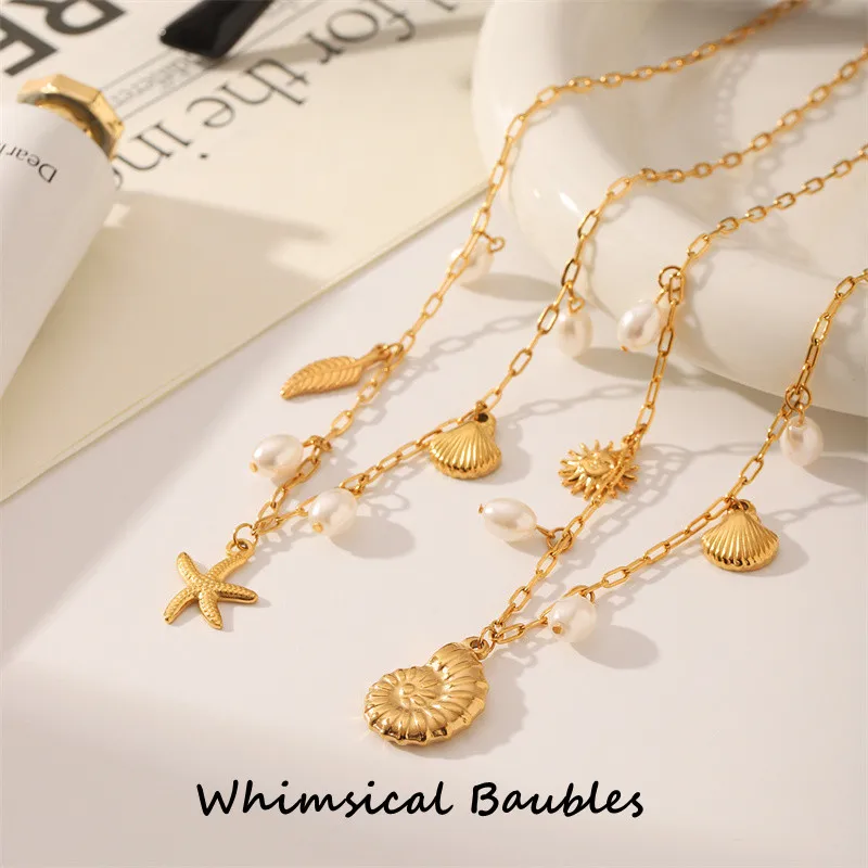 

Beach Jewelry Women Stainless Steel Animals Dolphin Starfish Seahorse Natural Seashell Charm Pearl Necklace Summer Holiday
