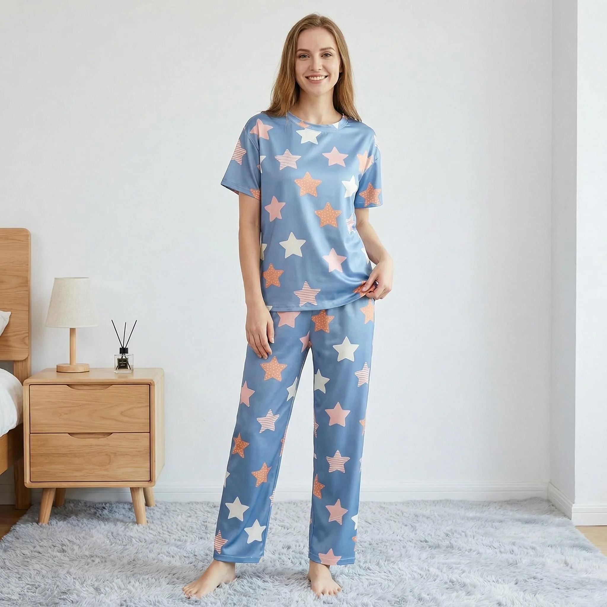 

Soft Milk Silk Star Print Pajama Set, Short-Sleeved Long Pants Women's Loungewear, 180g Thick Elastic Soft Fabric, Suitable for Wearing Outside