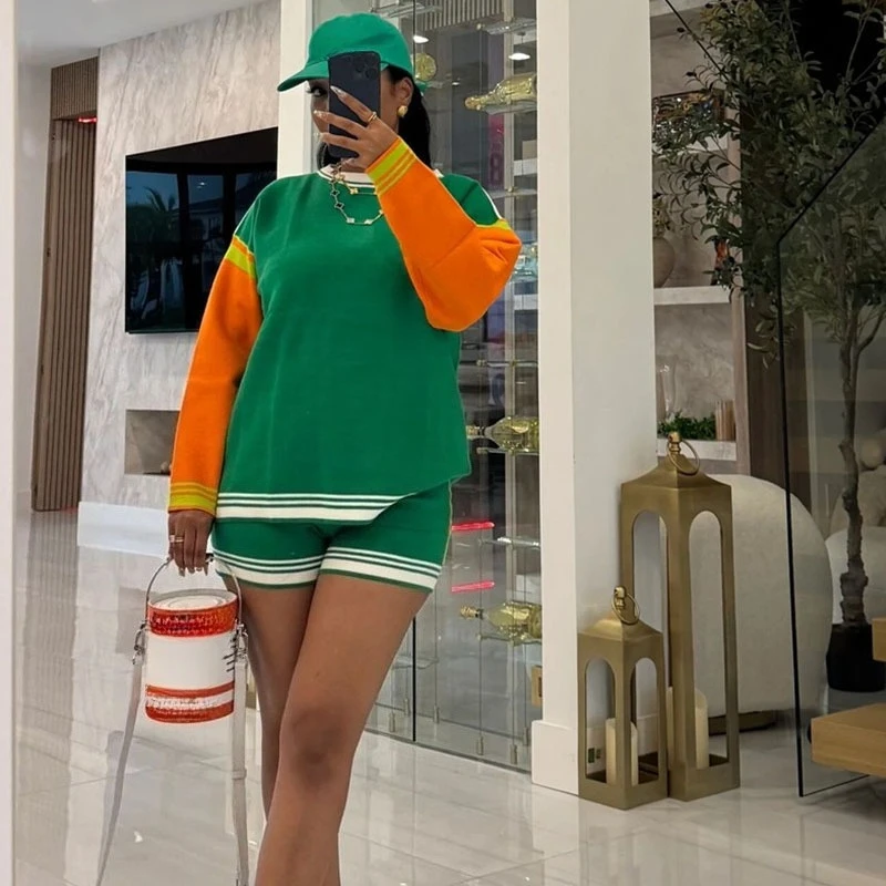 Doyerl rayé Patchwork ensembles courts pour femme deux pièces ensemble vêtements de sport décontracté à manches longues sweat haut et Short ensembles assortis