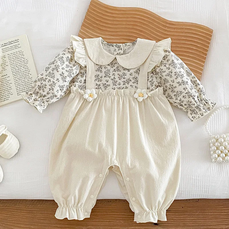 2024 Spring New Newborn Baby Girl Jumpsuit Long Sleeved Cotton Print Splicing Toddler Baby Girl Romper 0-24M Baby Girl Clothing