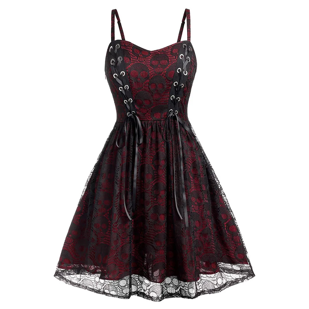 Women Gothic Punk Black Dress Halloween Lace Mesh Patchwork Sleeveless Camisole Party Sexy Dress Casual Women Elegant Dresses