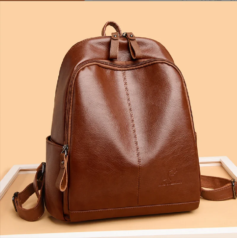 

2026 Korean Fashion Vintage Soft Leather Large Capacity Travel Backpacks Women's Double Zipper Shoulder Bags Notebook School Bag