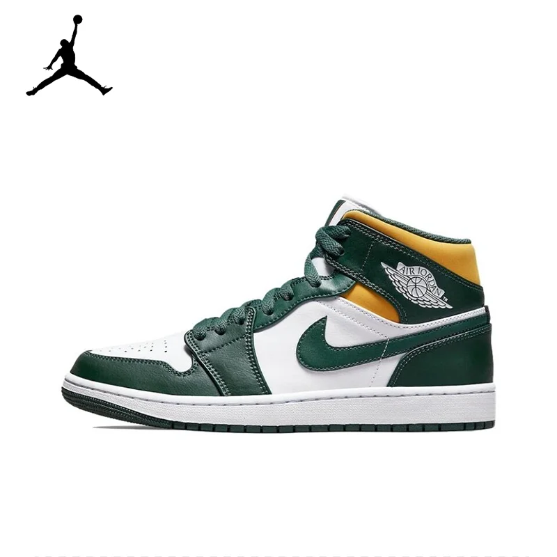 Original Air Jordan 1 Mid Seattle Supersonics High Top Retro Basketball Shoes Men\'s White Green Yellow Sneakers 554724-371