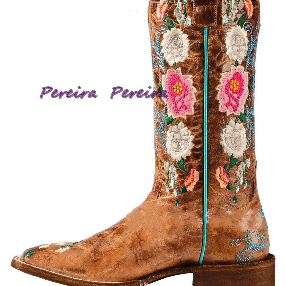 New Embroidered Colorful Flower Boots Mid-Calf Brown Pointed Toe Square Heel Fashion Cowboy Style Low Heel Winter Outwear Shoes