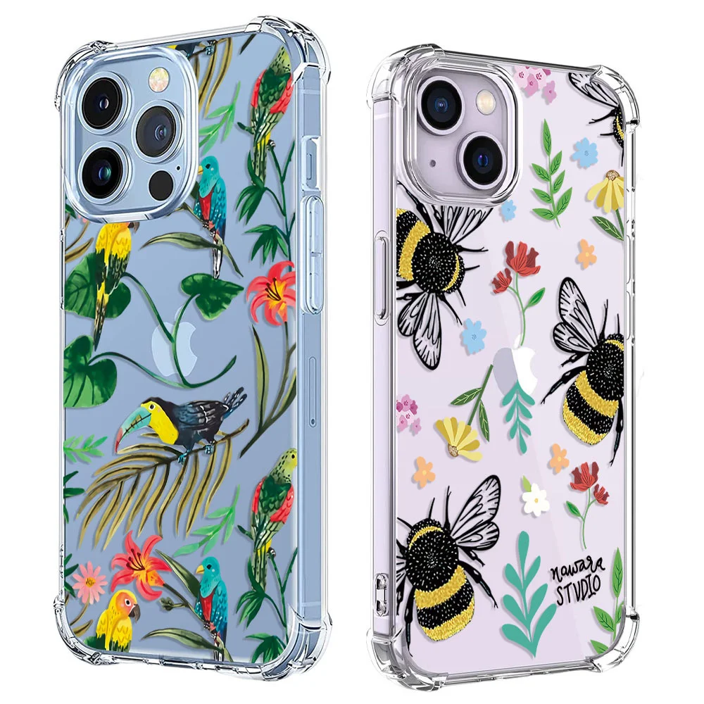 Shockproof Phone Case For iPhone 14 13 12 11 Pro X XS XR Max 7 8 Plus SE 2 3 Mini Flower Bees Birds Soft Clear TPU Back Cover