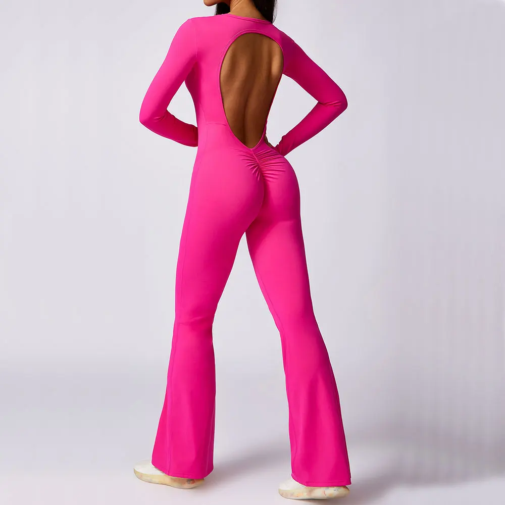 

Women Sport One-Piece Suit Yoga Suit Flared Pants V Back Scrunch Gym Set Fitness Rompers Workout Bodysuits Women Sports Jumpsuit