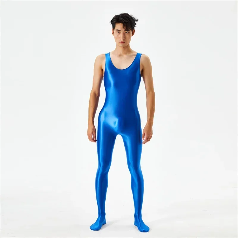 Plus-size Oily Luster Silky Jumpsuits for Men and Women with High Elastic Open Gear Free Sexy Transparent Breathable Tight