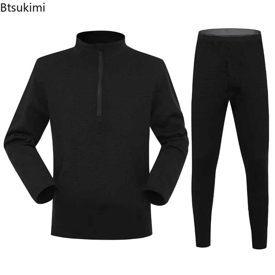 Autumn Winter Men's Outdoor Tactical Warm Underwear Two Pieces Men Solid Half Zip Stand Collar Tops Pants Shake Fleece Male Sets