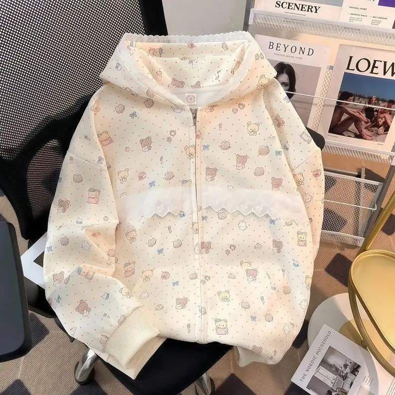 

Japan Lace Floral Bear Hooded Sweatshirt For Women In Autumn Winter Plus Velvet Japanese Cute Cardigan Loose Sweet Zipper Jacket
