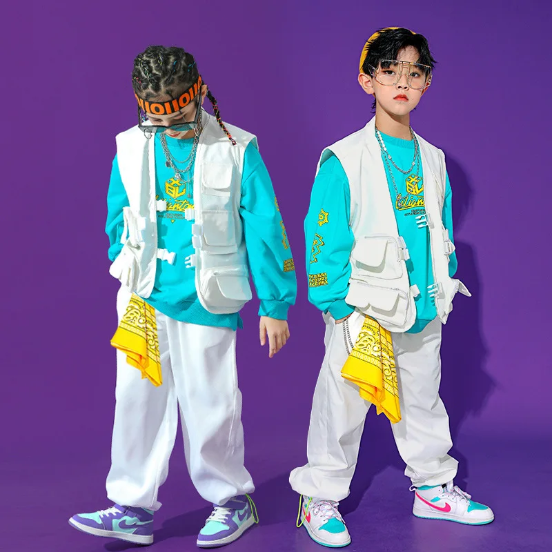 Kids Jazz Dance Costume Hip Hop Sweatshirt White Vest Pants Clothes Boys Top Street Wear Teenage Children Stage Outfits