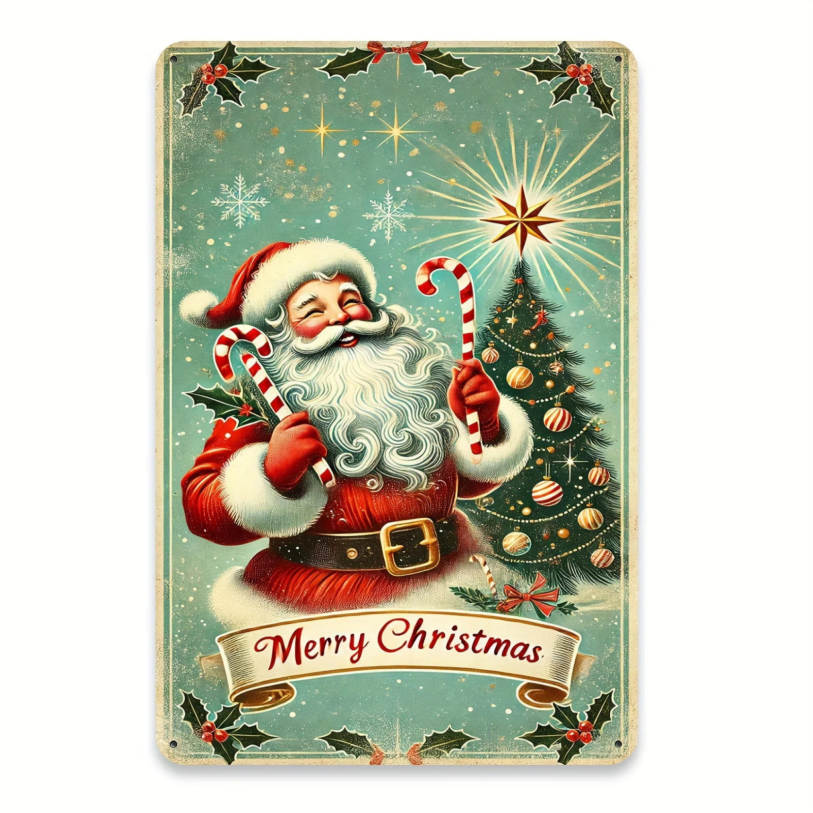 2D Flat, 1pc 2D Flat PrintingVintage Santa Claus Metal Sign- Retro Christmas Wall Decor with Merry Christmas Text, Snowflakes Ho