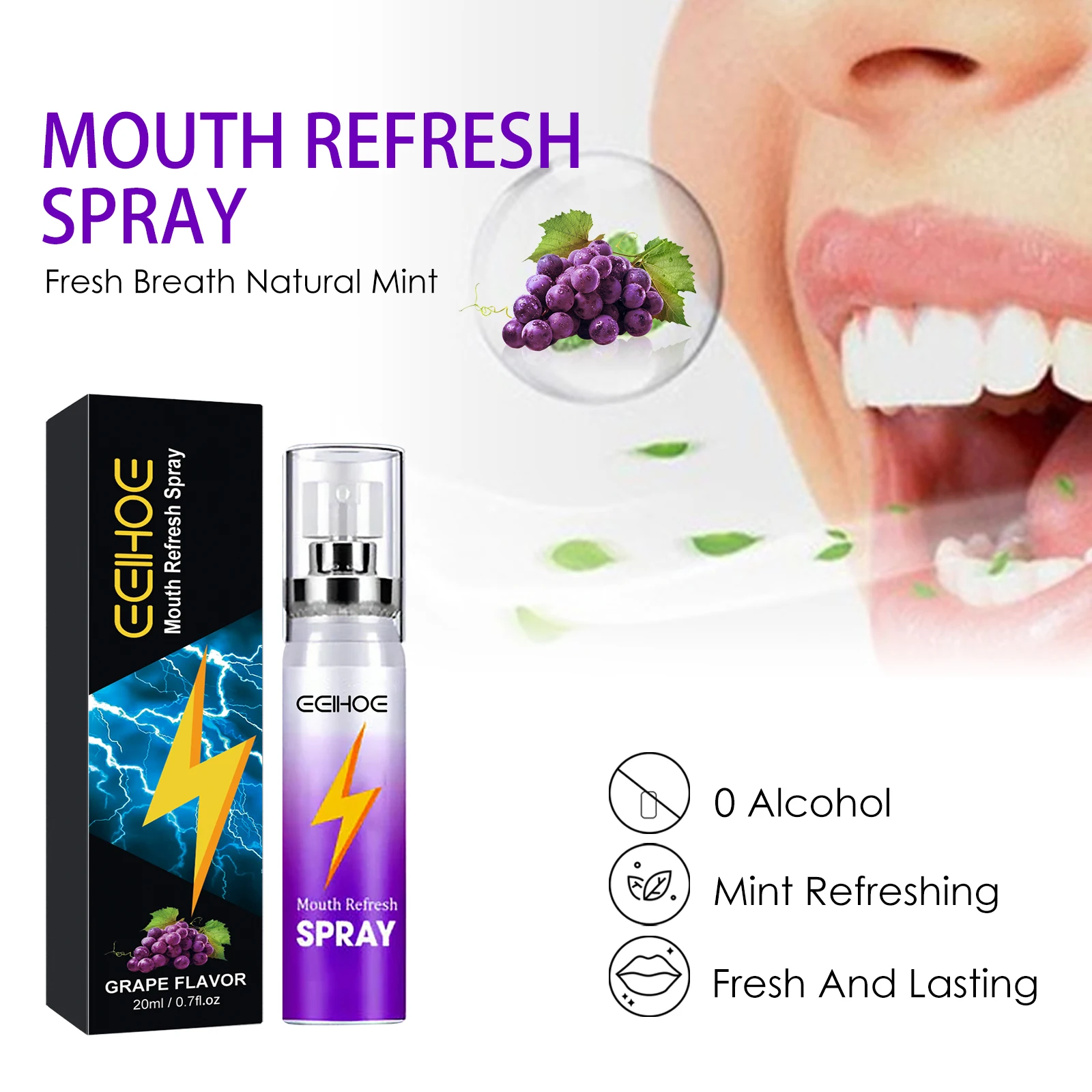 Grape Mint Flavor Oral Spray Remove Bad Breath Long Lasting Fruity Portable Breath Freshener Refreshing Oral Care Products