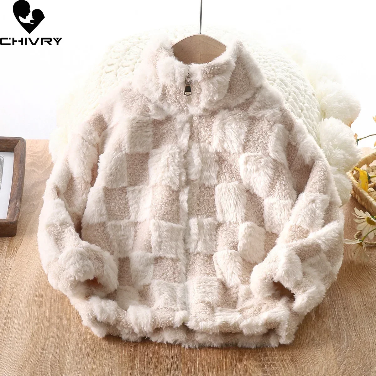 

New 2023 Kids Autumn Winter Thicken Warm Flannel Coat Baby Boys Girls Fashion Plaid Stand Collar Zipper Jackets Casual Outerwear