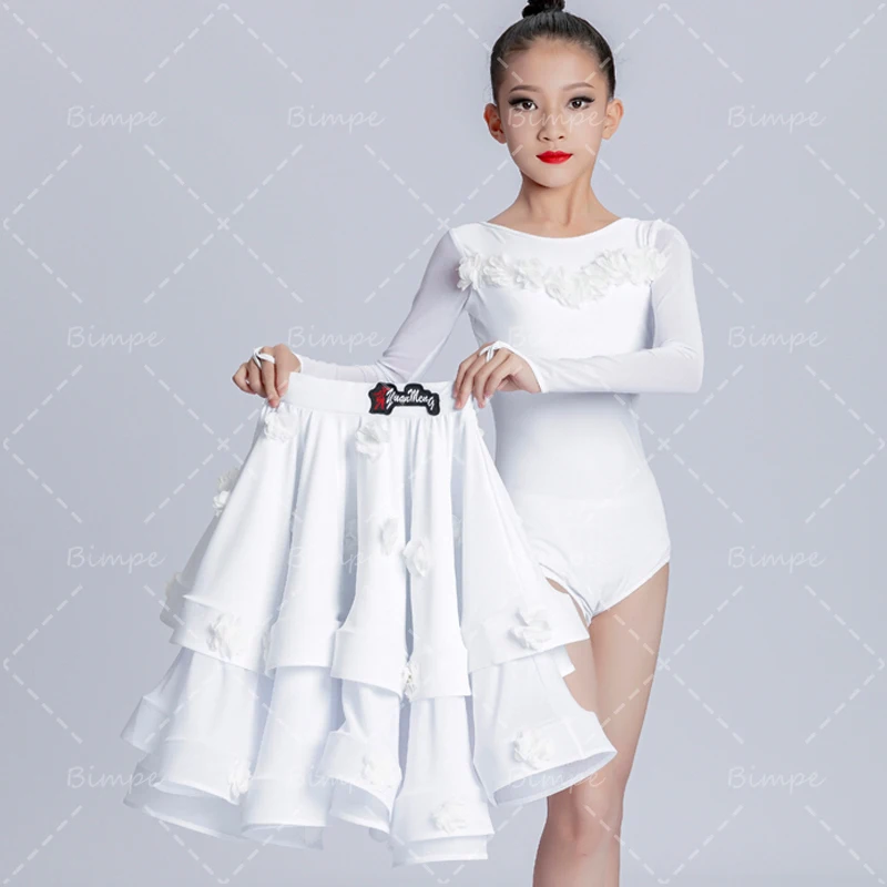 

White Long Sleeves Latin Dance Dress Kids Performance Dress for Girls Latin Split Suit Ballroom Dance Competition Clothes Salsa