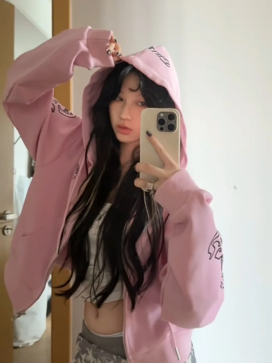 Sweat à capuche rose américain pour femmes, Punk, sanskrit, ample, fermeture éclair, Cardigan ouvert, haut ort, Streetwear, printemps automne