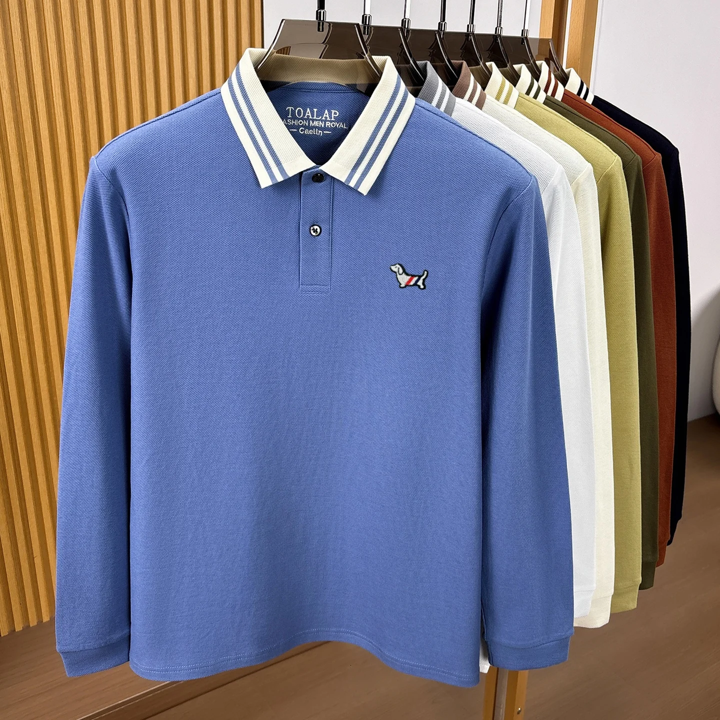 100% reine Baumwolle Langarm-Poloshirt koreanischer Casual-Stil mit geprägtem Cartoon-Hund Luxusmarke Frühling/Herbst neue Mode Herren-T-Shirt – Detail 10