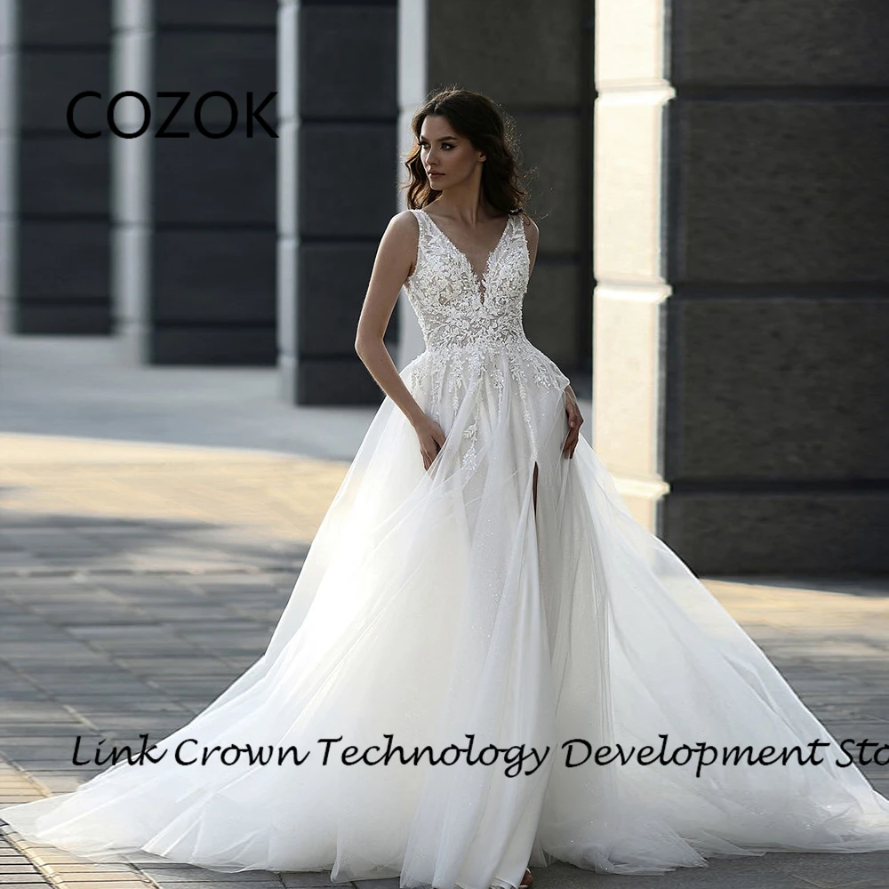 

COZOK V Neck Sleeveless Wedding Dresses with Lace 2024 Summer Soft Tulle Bridal Gowns for Princess New Vestidos De Novia