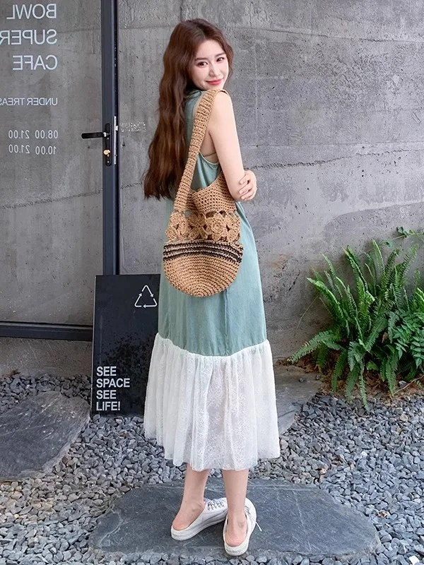 Ele Agel Lace Splice Denim Vest Dr Dames Zomer Casual Svel Midi Rok Faion Losse Taille Medium Thi