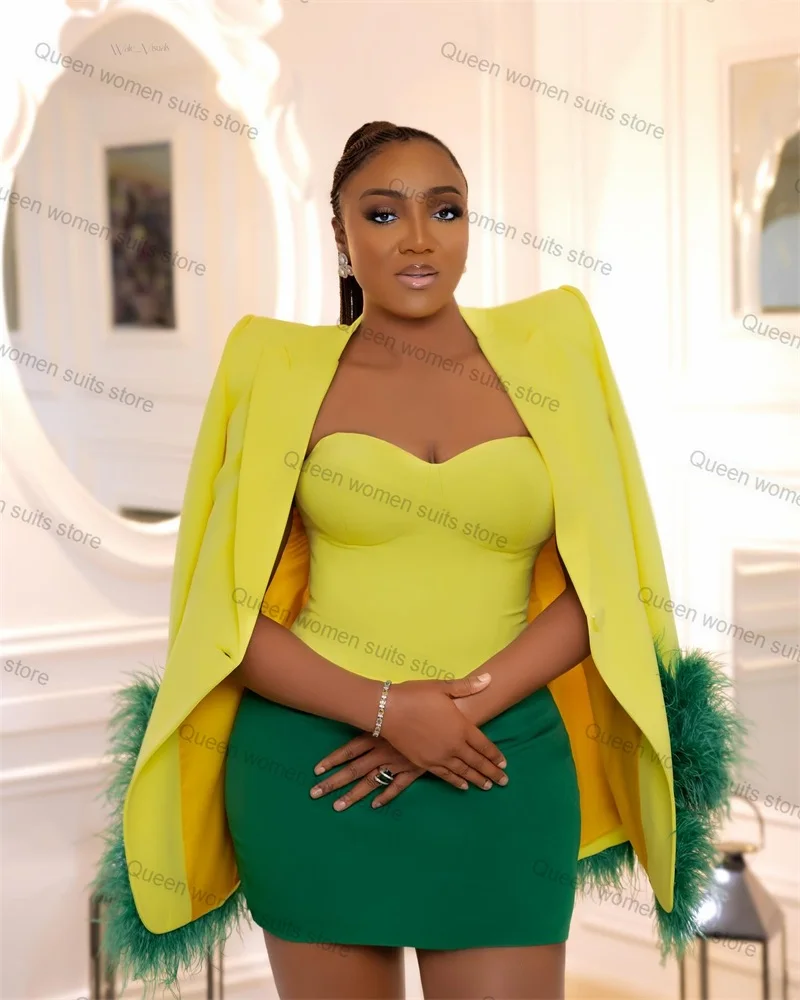 Feather Women Suit Skirt Set 2 Piece Blazer+Short Mini Green Prom Dress Wedding Tuxedo Formal Office Lady Jacket Coat Tailored
