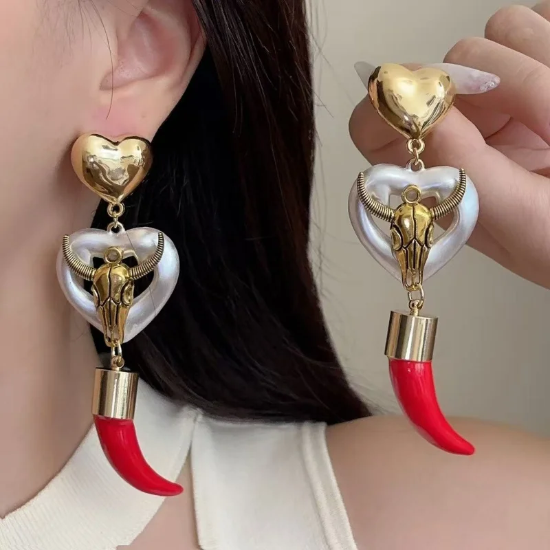 

Punk Style Metal Earrings for Women Heart Geometric Bull Head Design Red White Contrast Color Bull Horn Pendant Fashion Jewelry