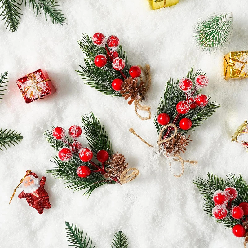 5 قطعة عيد الميلاد التوت يتدفقون الأحمر الجذعية هولي الصنوبر الفاكهة الزهور الاصطناعية فرع الشتاء DIY بها بنفسك عيد الميلاد عطلة إكليل الديكور