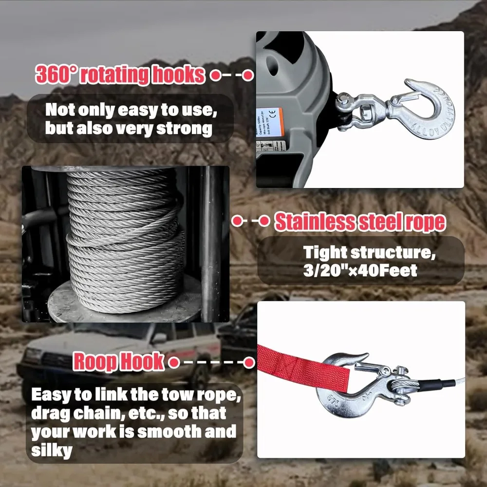 Abu-abu Baru, Winch Bor Portabel Kapasitas Tarik 1000 LB dengan Tali Kawat Baja Paduan 40 Kaki, Winch Tangan untuk Menyeret, Diskon Besar