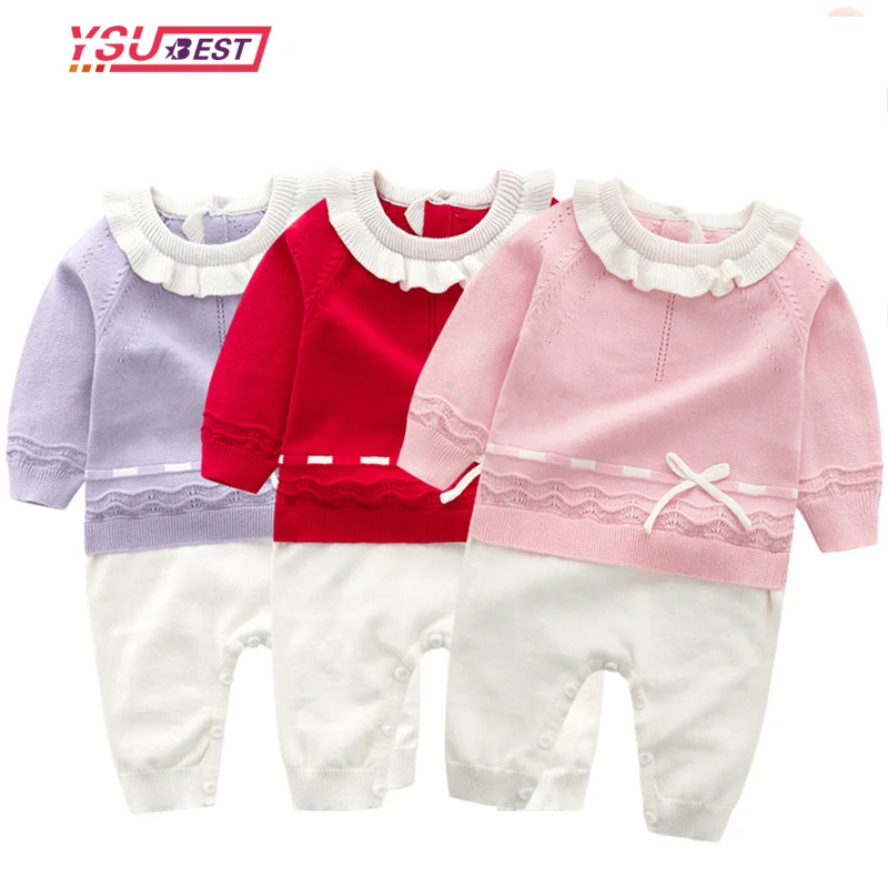 

Autumn 0-3Y Baby Girls Romper Bow Baby Knitted Romper Ruffle Long Sleeve Newborn Baby Clothes Infant Baby Jumpsuits Girl Overall