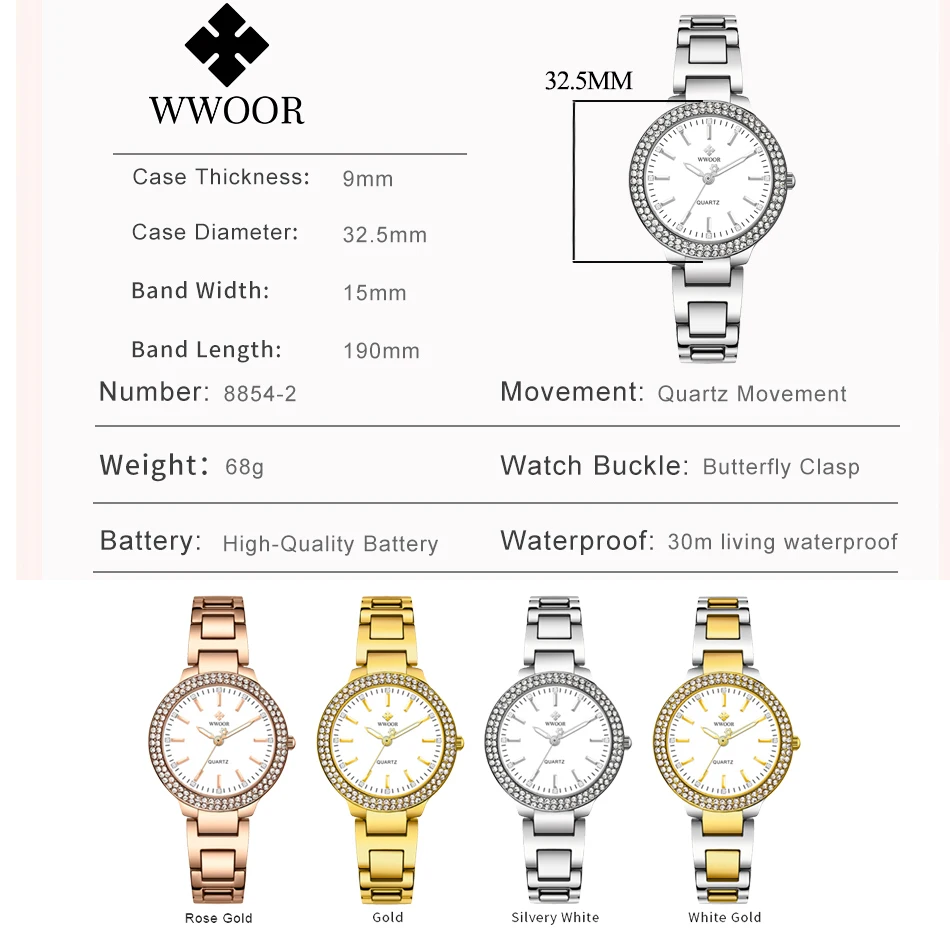 WWOOR New Women\'s Watches Fashion Crystal Diamond Ladies Quartz Wristwatch For Woman Relogio Feminino Female Montre Reloj Mujer