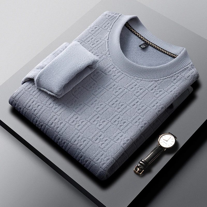 Winter Herren Casual Strickpullover Langarm mit Allover-Prägemuster Fleece-Innenfutter Rundhals Bürokleidung – Detail 6